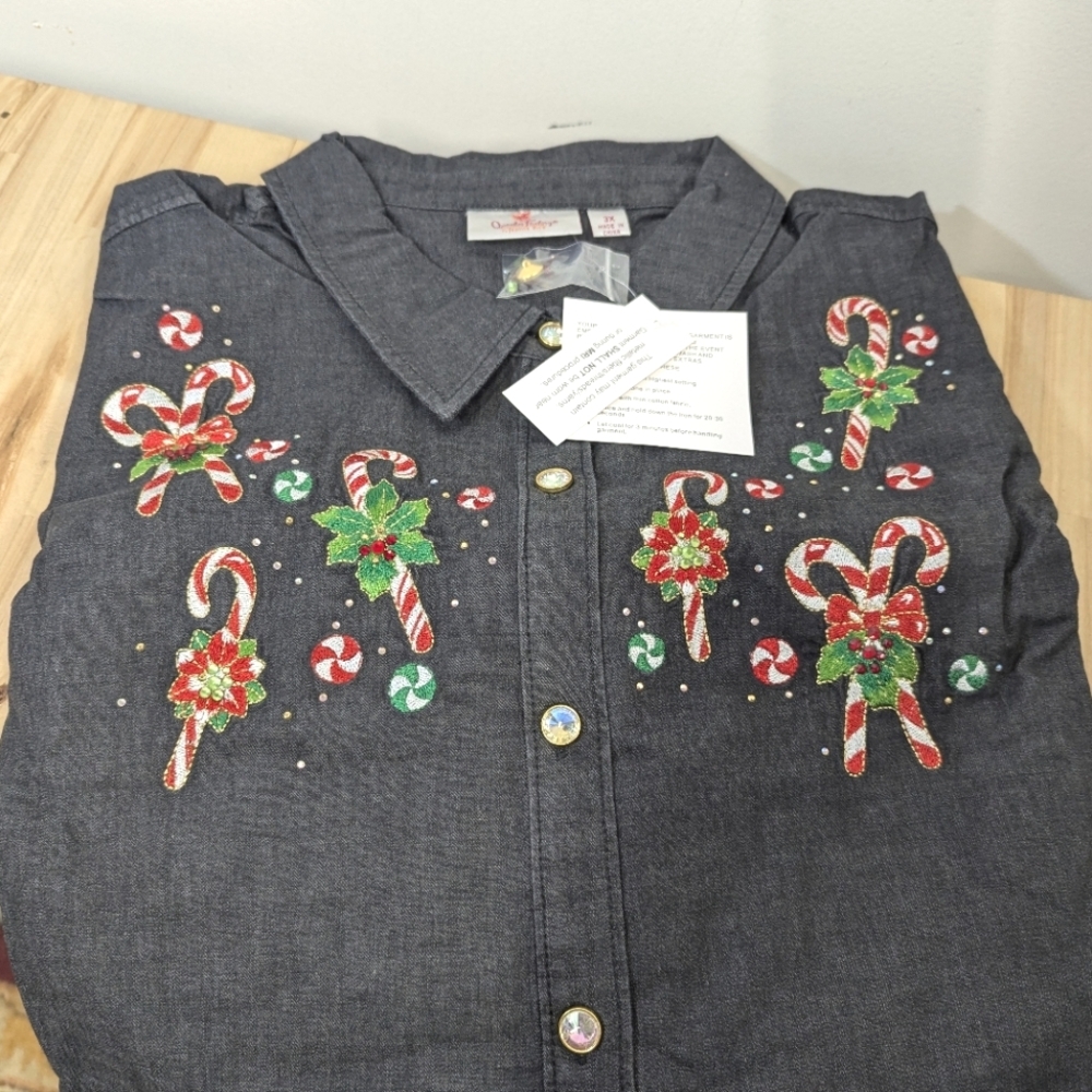 Quacker Factory Candy Cane Christmas Shirt Embroidered Tunic With Pockets 3X Nwt